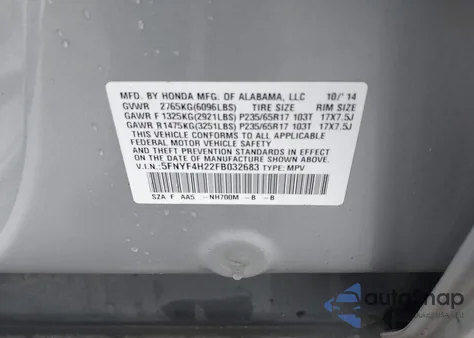 2015 Honda Pilot Lx from USA, damaged, VIN 5FNYF4H22FB032683